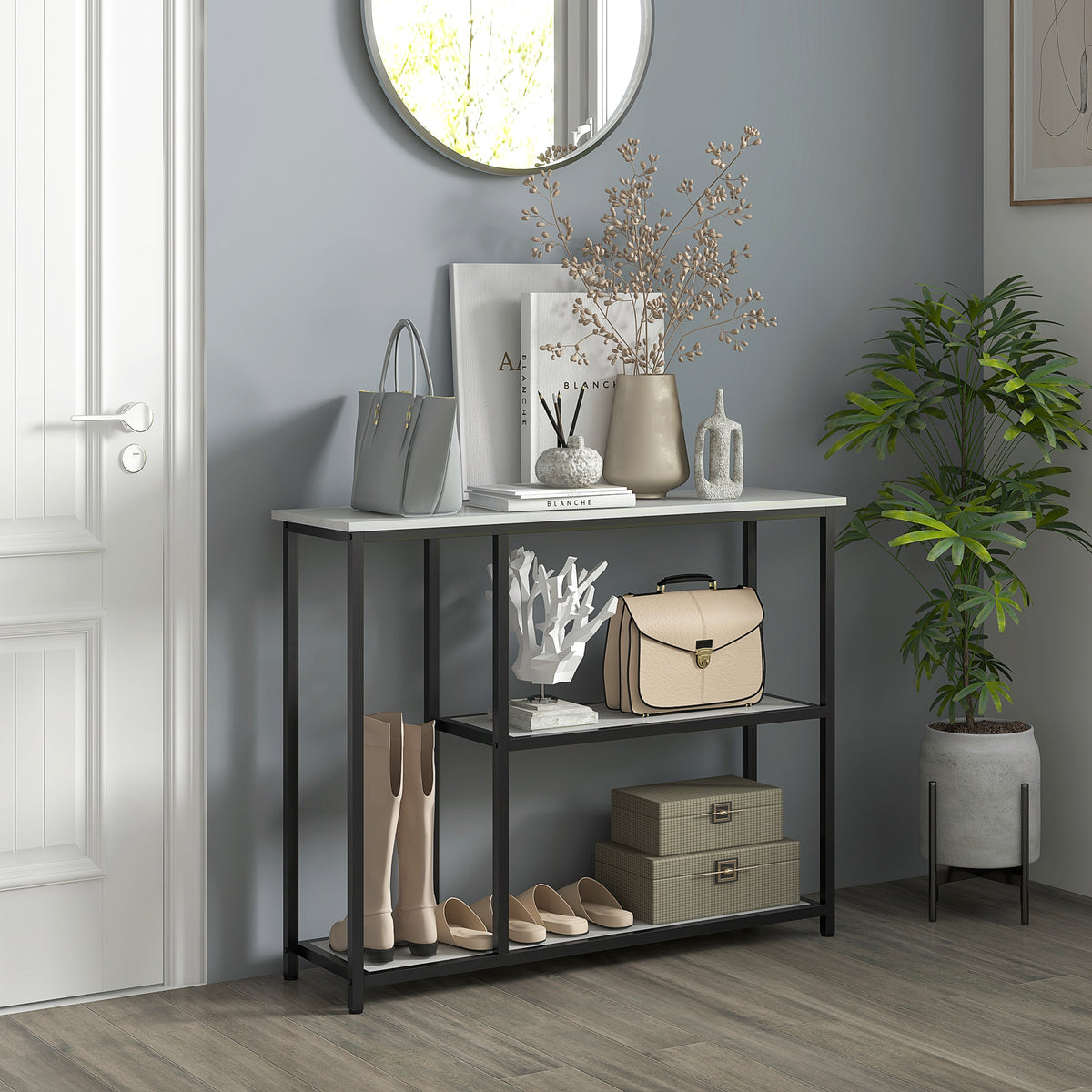 Console meuble 100 cm, table console 3 niveaux, plateaux en effet marbre, cadre en acier, blanc-1