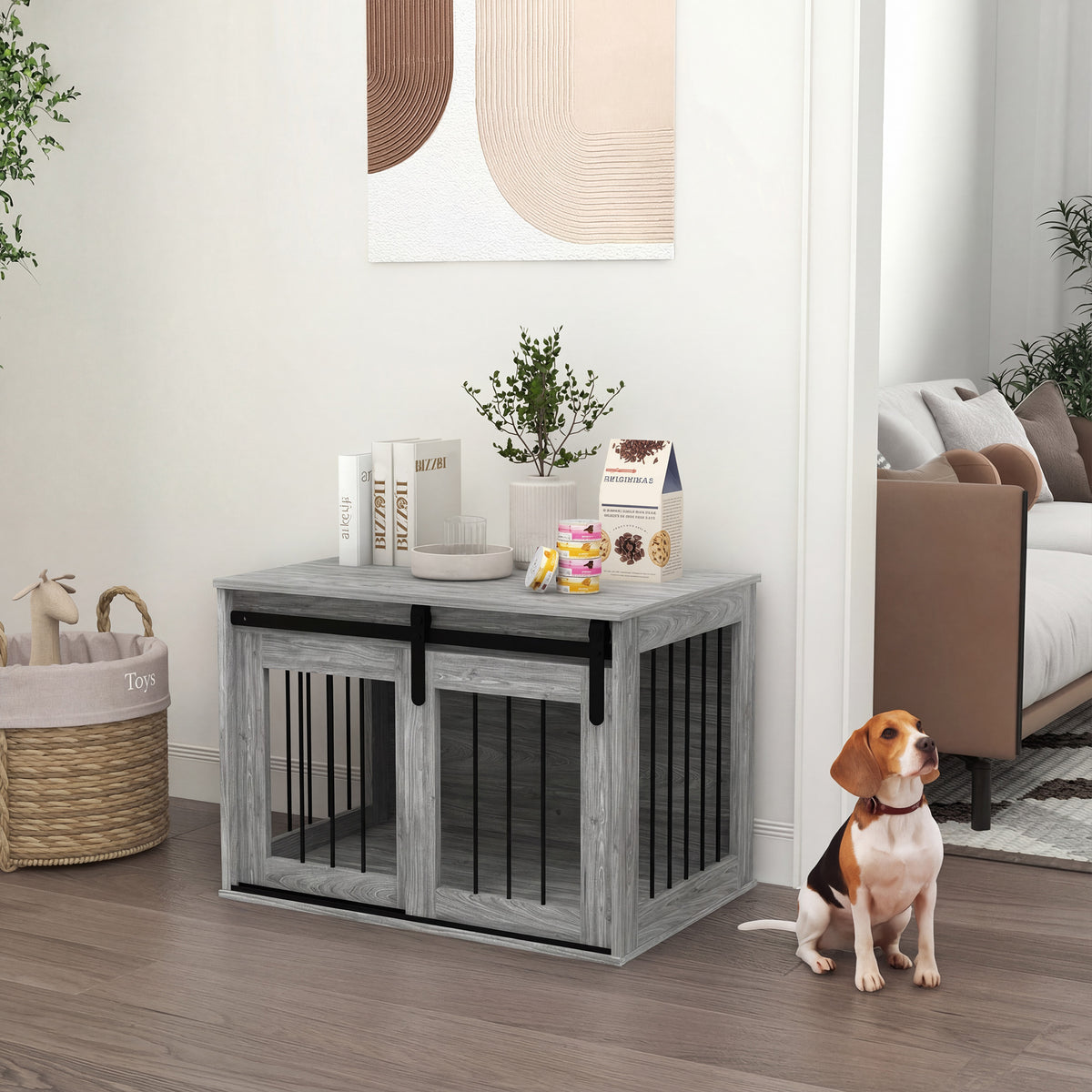 Cage caisse pour chien animaux intérieur porte coulissante, métal effet bois, dim. 57H x 80L x 54l cm-8