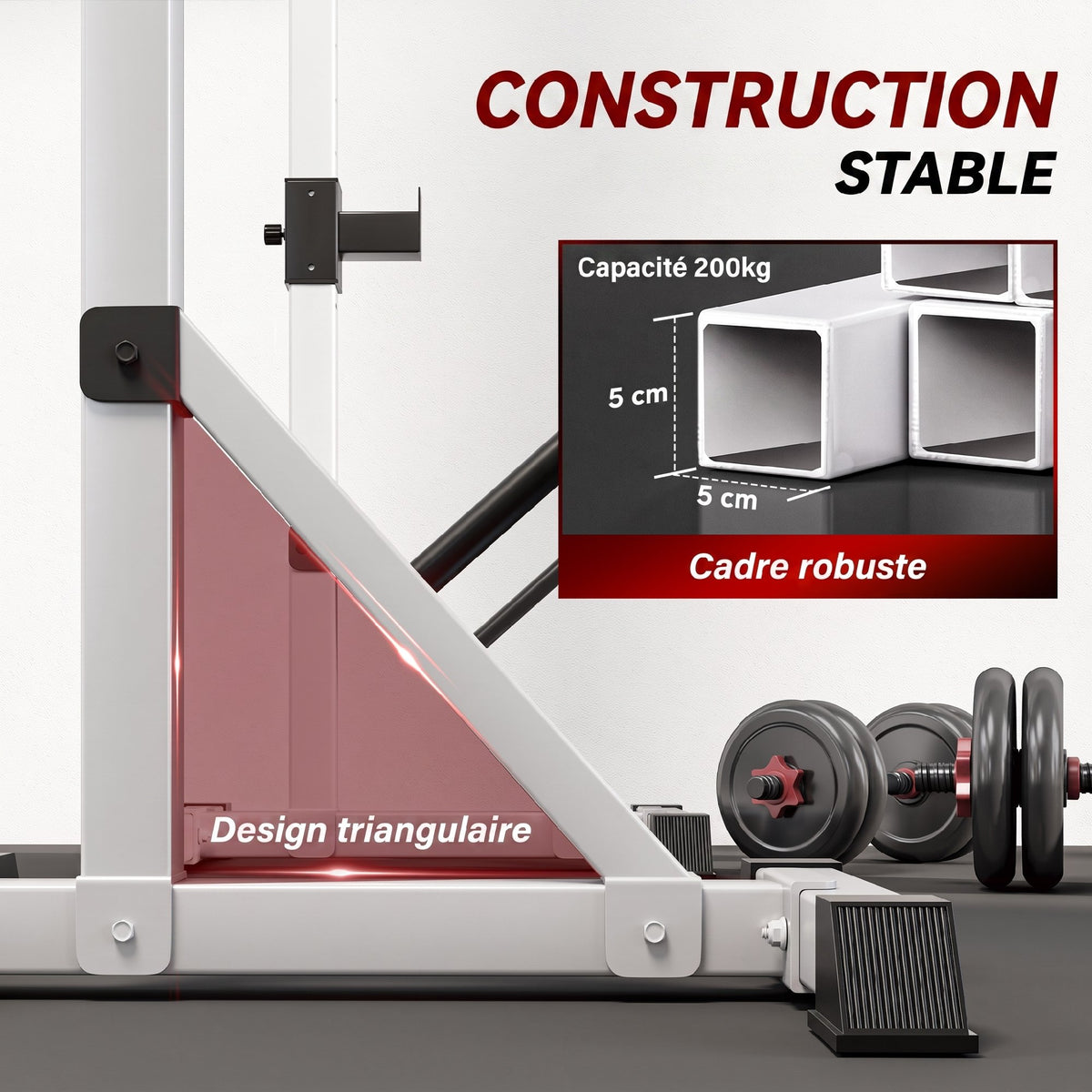 Squat Rack Réglable en Acier, Charge 200 kg, Support pour 3 Barres d'Haltères avec Crochets, 58,5x75,5x136-176cm, Argent-6