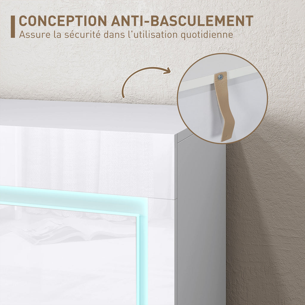 Buffet salon, meuble de rangement avec éclairage LED 4 tiroirs portes à fermeture douce 120 x 34 x 80 cm, blanc brillant-6