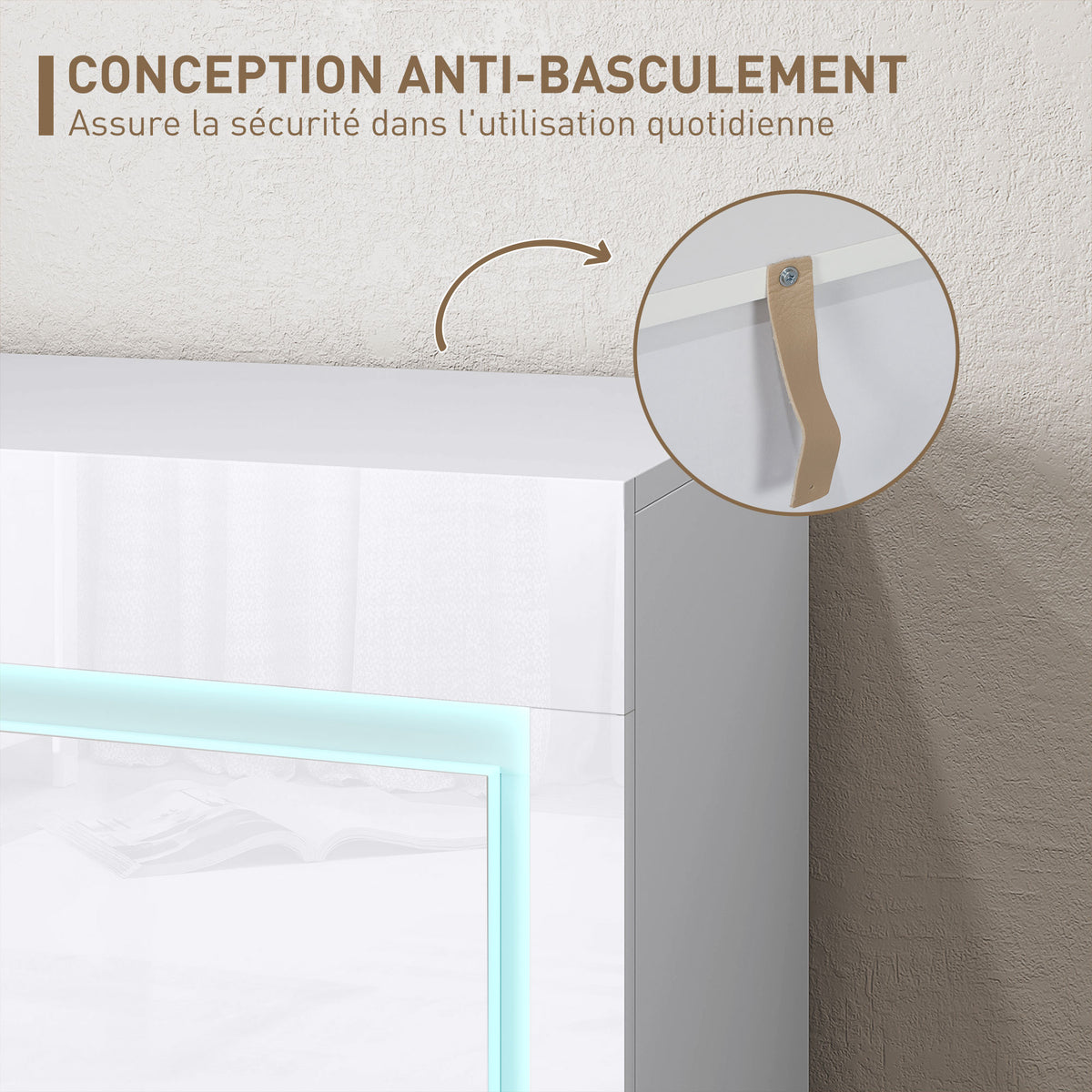 Buffet salon, meuble de rangement avec éclairage LED 4 tiroirs portes à fermeture douce 120 x 34 x 80 cm, blanc brillant-6