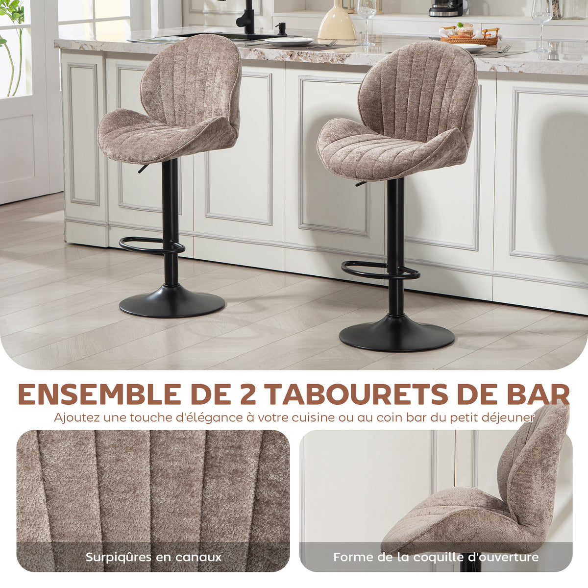 Lot de 2 tabourets de bar forme de coquillage, dossier, hauteur réglable et repose-pieds, cadre en acier, marron-3