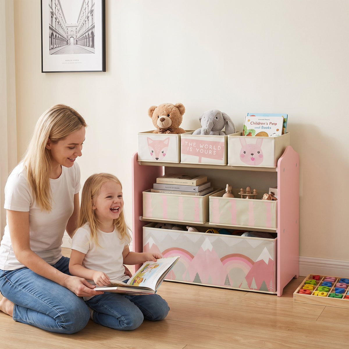Meuble de rangement enfant avec 6 boîtes amovibles en tissu non tissé Organisateur de jouets, étagère 63L x 30l x 66H cm-1