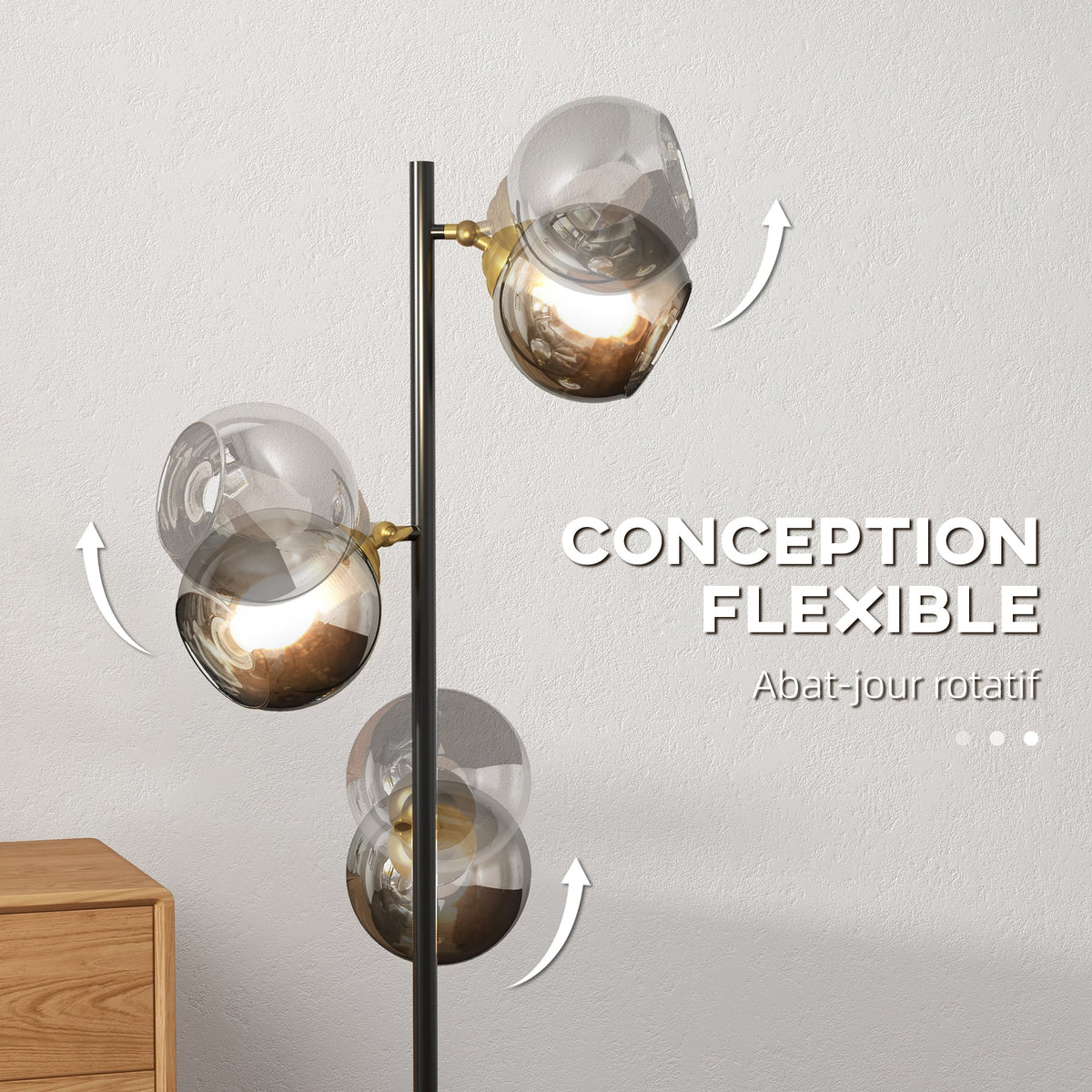 Lampadaire sur pied salon en métal avec 3 abat-jours globe métal chromé 40W Ø 36 x 162H cm noir et gris-4