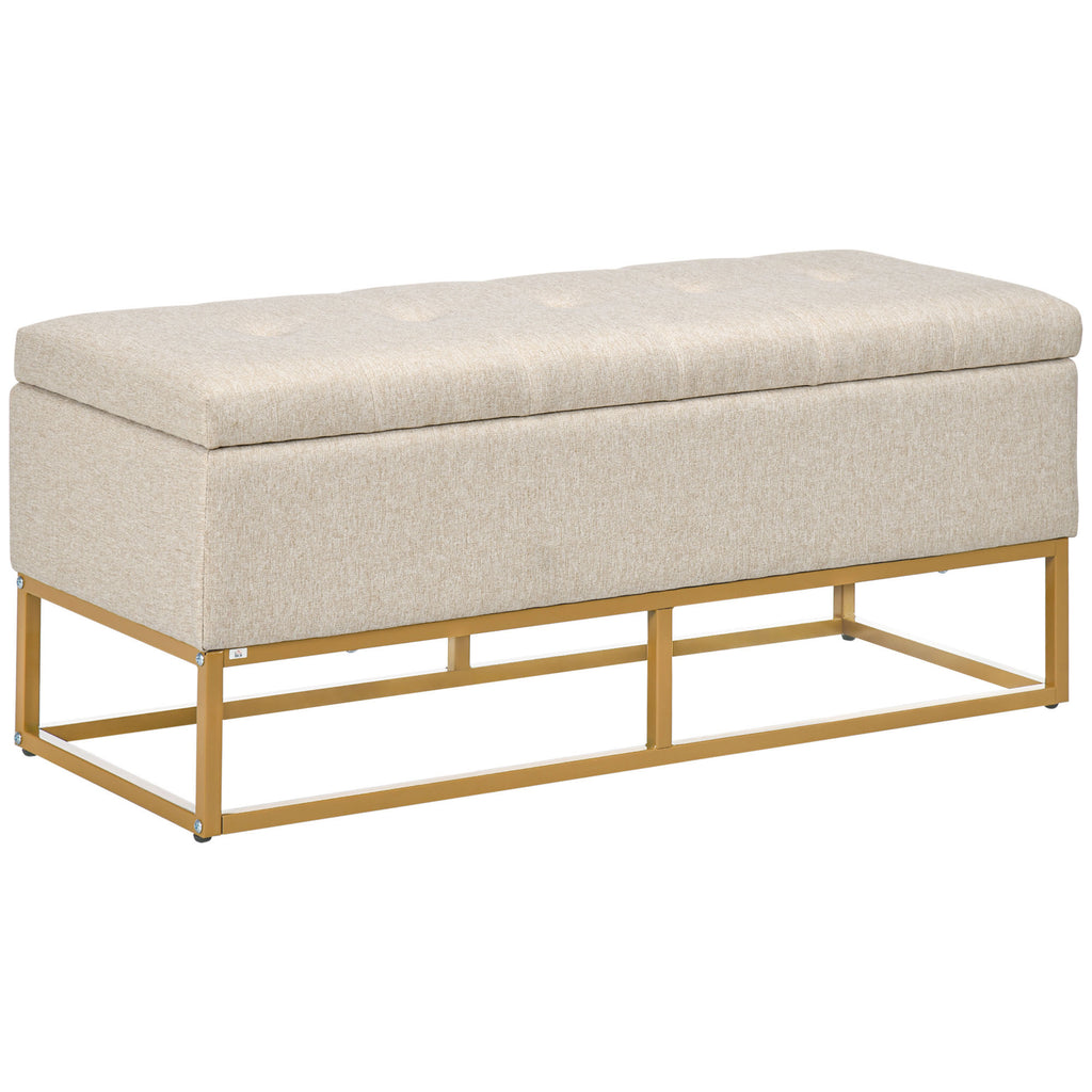 Banc banquette coffre de rangement 2 en 1 assise capitonnée et pieds acier 110 x 44 x 48 cm beige et doré-0