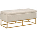 Banc banquette coffre de rangement 2 en 1 assise capitonnée et pieds acier 110 x 44 x 48 cm beige et doré-0