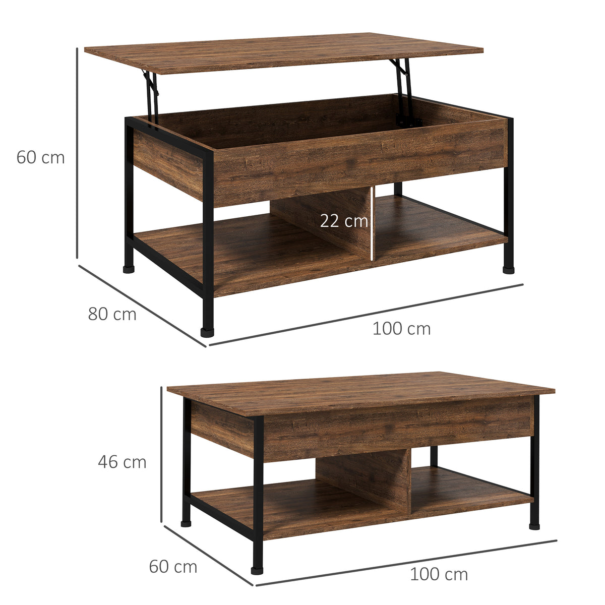 Table basse relevable table de salon compartiment caché 2 étagères inférieures 100 x 80 x 60 cm marron rustique noir-2