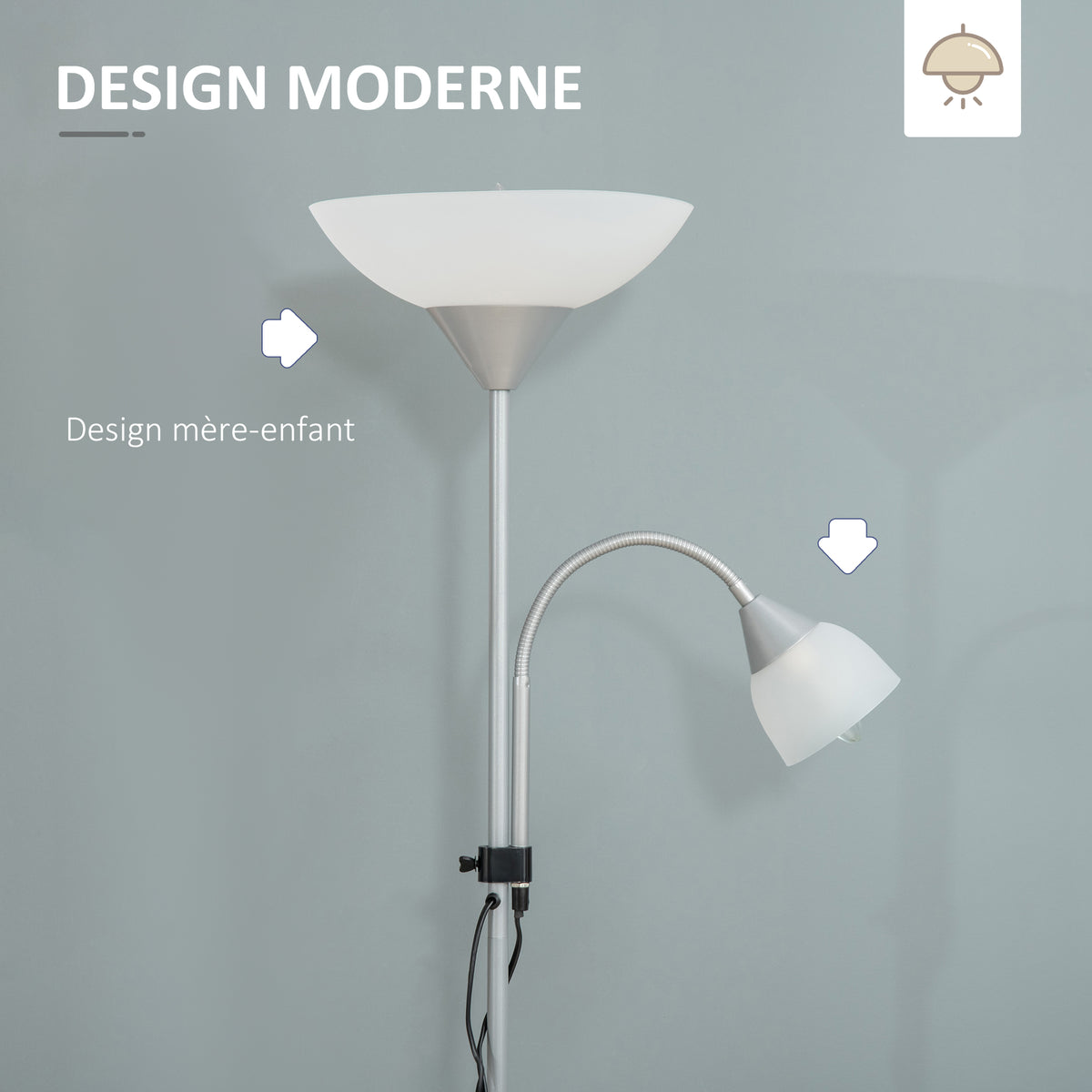 Lampadaire, lampe de salon sur pied avec 2 têtes douille E27 et E14, base en métal dim. Ø28 x 179,5H cm-3
