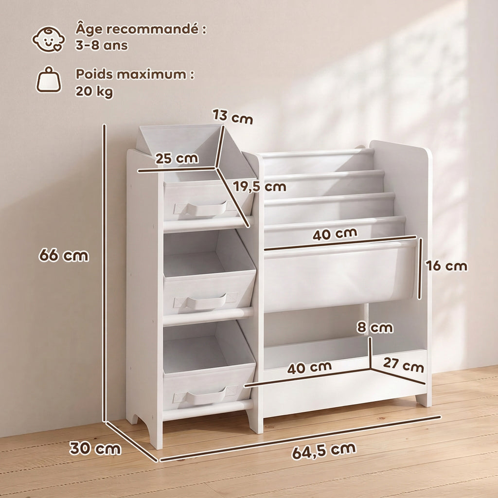 Meuble Rangement Enfant à 3 Niveaux avec 4 Porte-livres, 3 Bacs en Tissu et Compartiment, 64,5 x 30 x 66 cm, Blanc-2