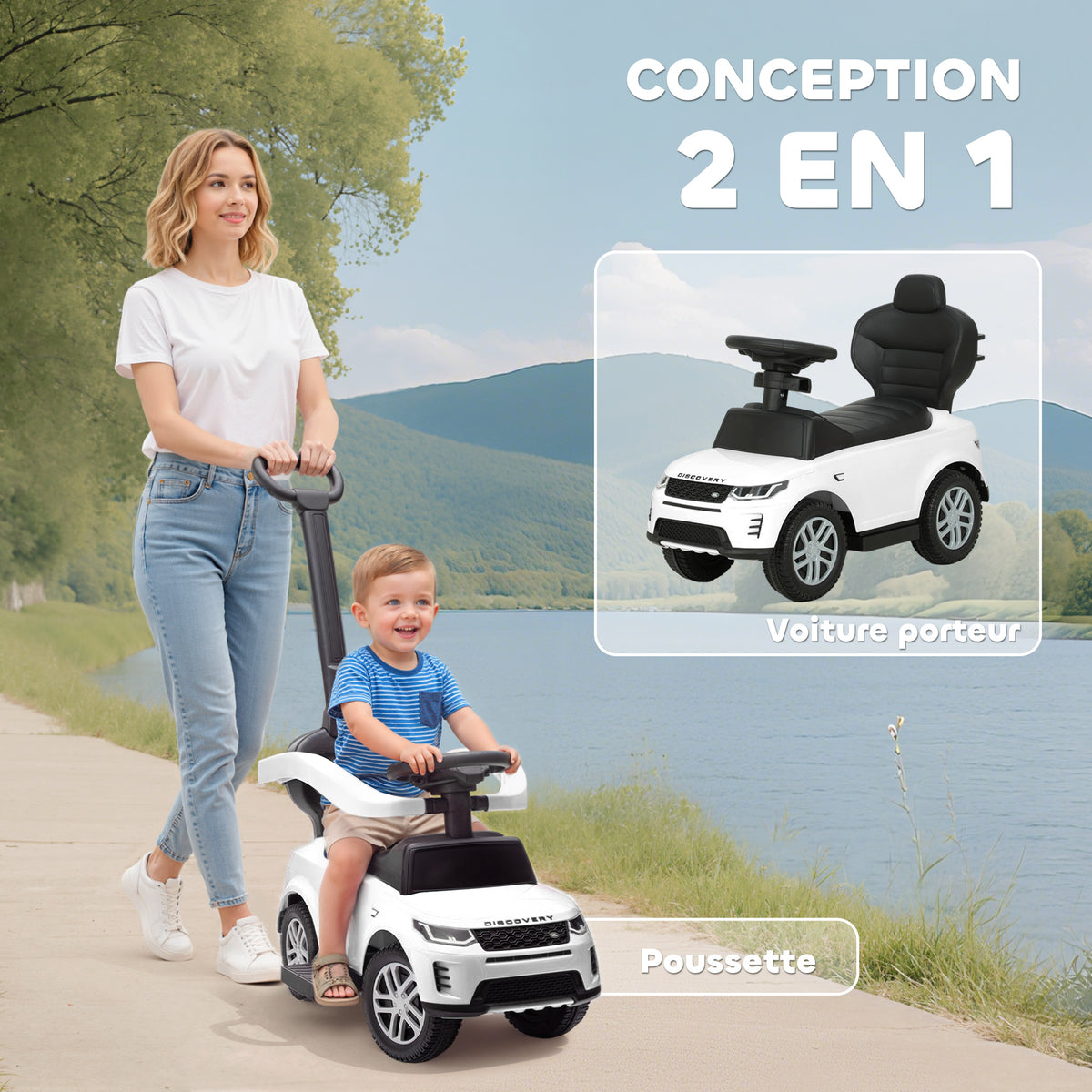 Porteur enfants Land Rover Discovery sous licence, porteur voiture à pousser avec poignée amovible, 84x40x94,5cm, blanc-3