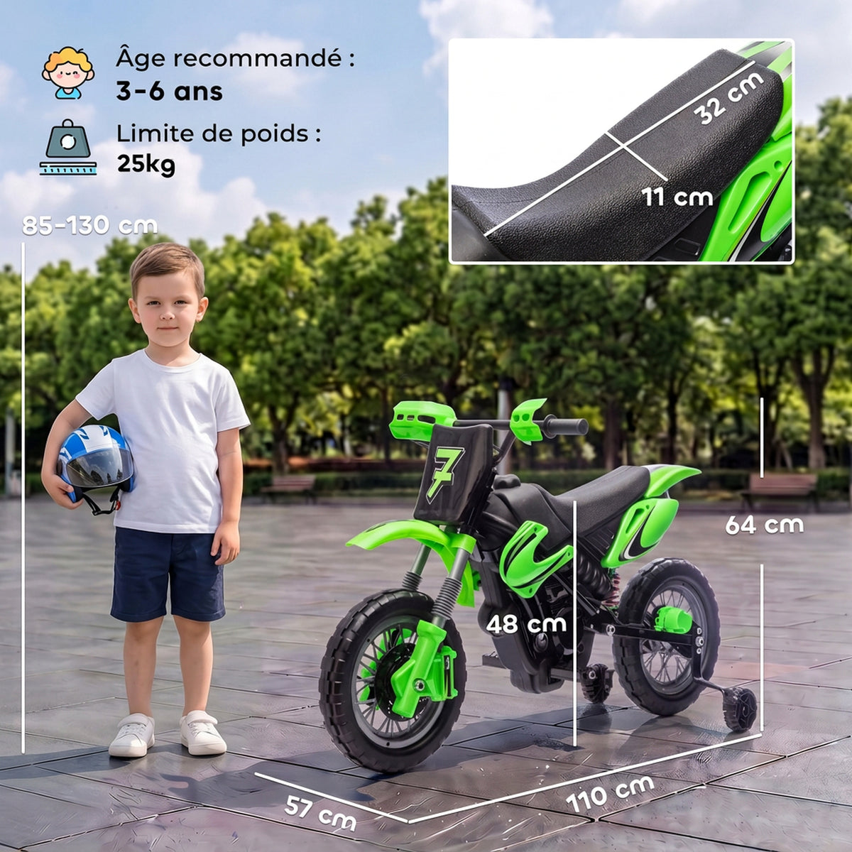 Moto Électrique Enfants 12 V, Vitesse Max 3 Km/h, Batterie au Lithium, Double Moteur, Suspension Arrière, Vert-2