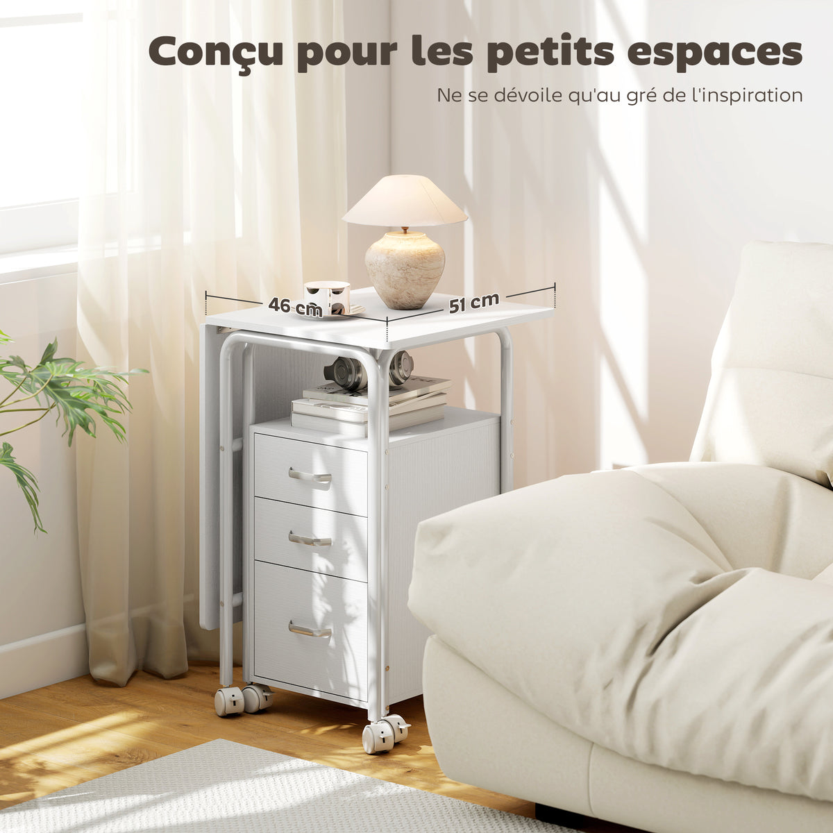 Bureau d'ordinateur pliable sur roulettes, bureau avec rangement, 3 tiroirs, plateau extensible, 105x51x75,5cm, blanc-3