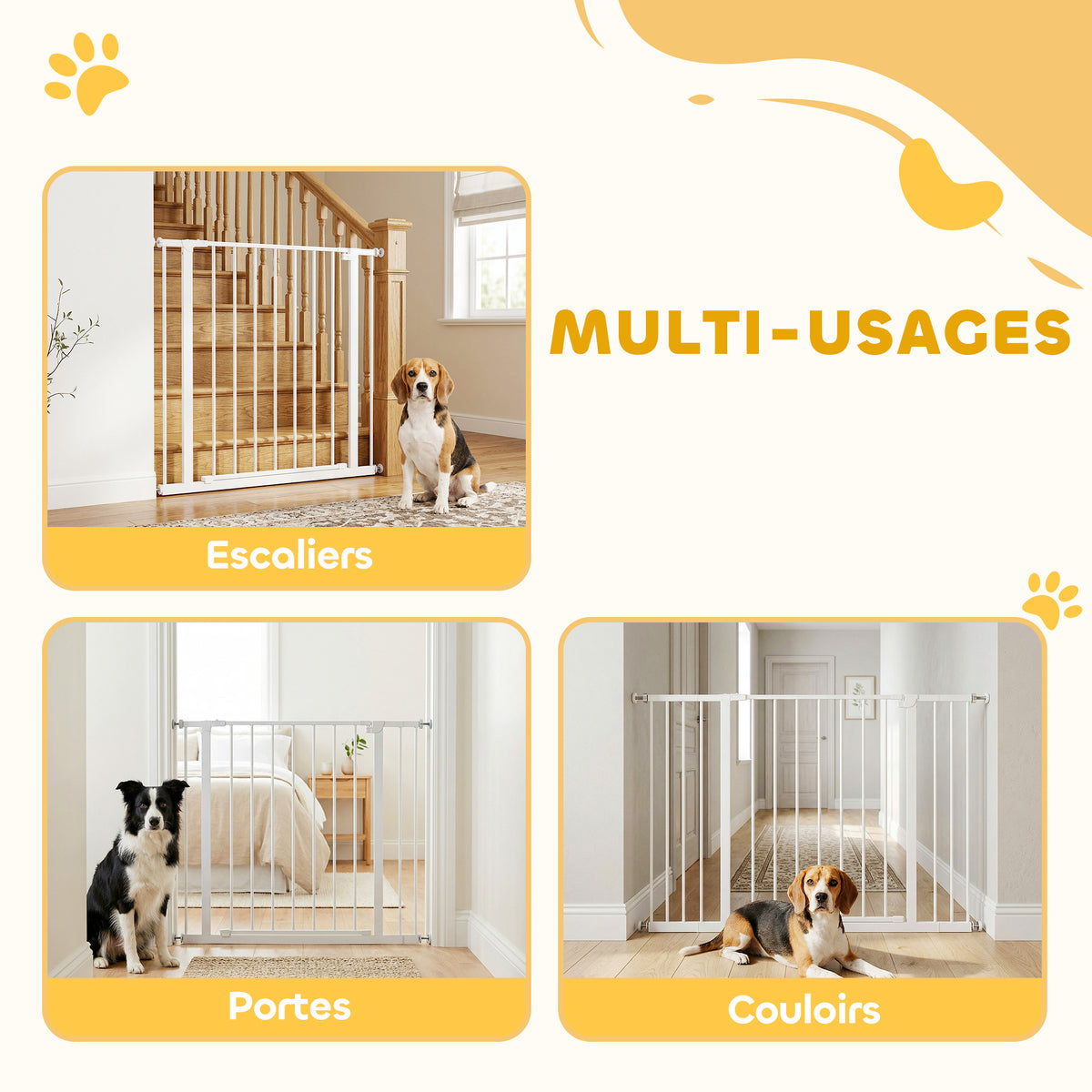 Barrière de Sécurité Chien Réglable 76-107 cm, avec 2 Rallonges (10/15 cm), Ouverture d'une Main, sans Perçage, Blanc-4