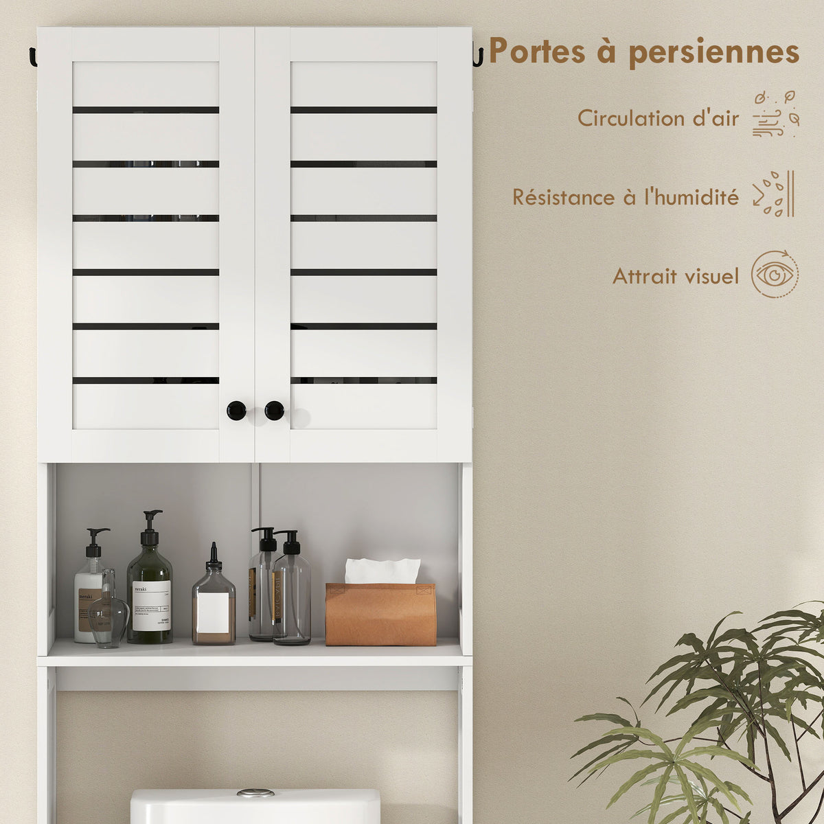 Meuble WC dessus de toilette/machine à laver avec placard à porte double, portes à persiennes, 67x31,5x190cm, blanc-4