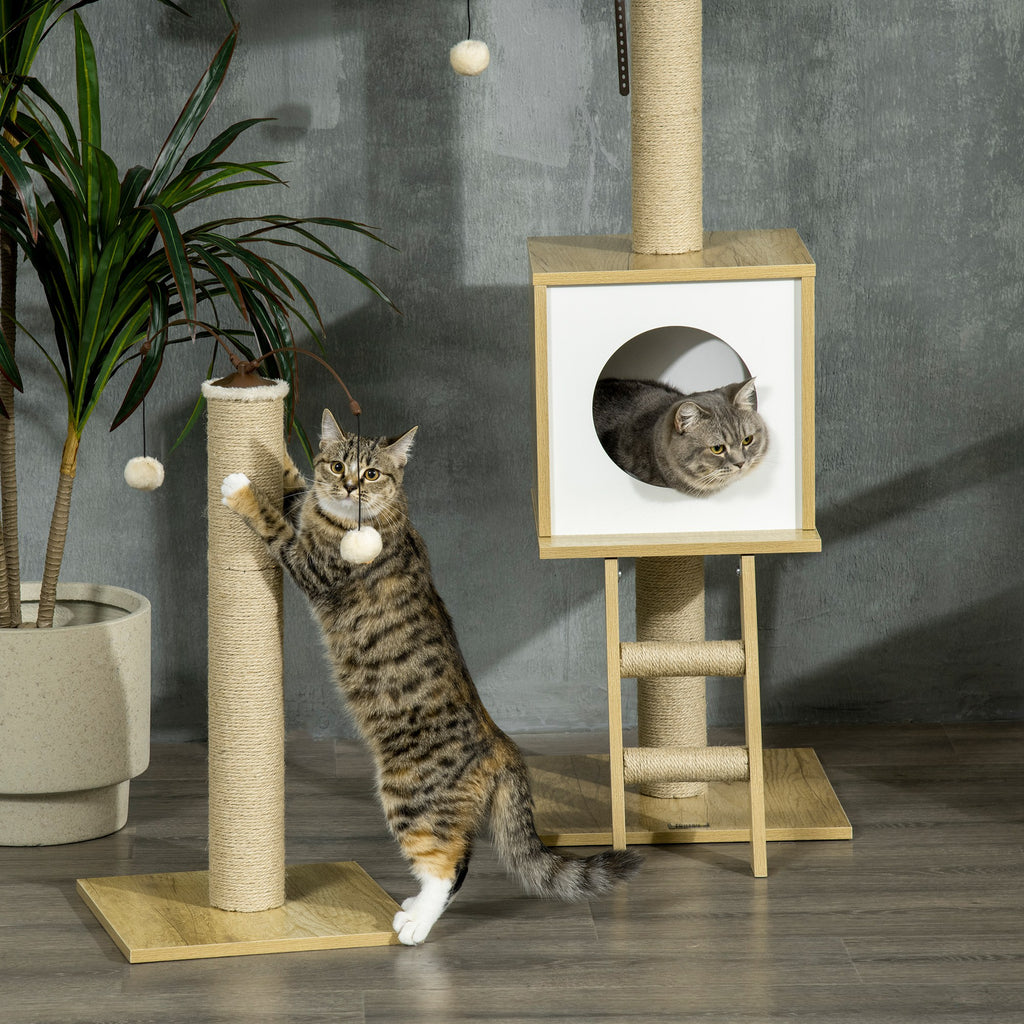 Arbre à chat sol au plafond hauteur réglable 225-285 cm avec poteau à gratter 4 niveaux niche hamac échelle jeux beige-7