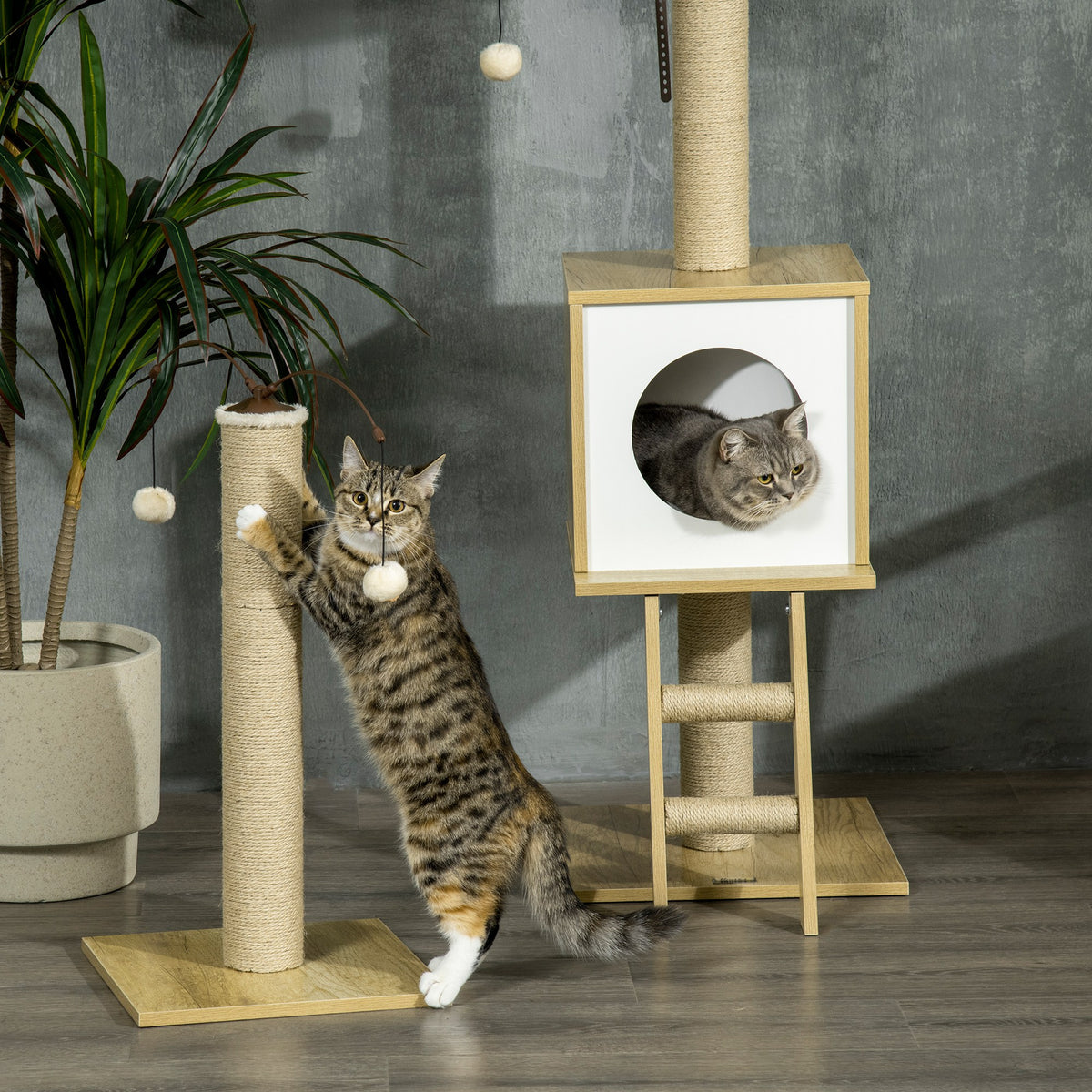 Arbre à chat sol au plafond hauteur réglable 225-285 cm avec poteau à gratter 4 niveaux niche hamac échelle jeux beige-7