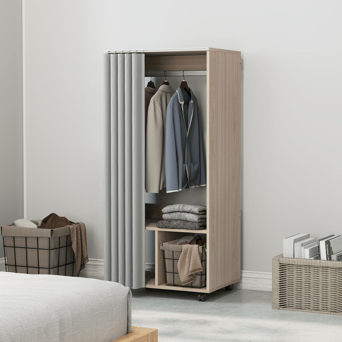 Armoire penderie armoire de rangement mobile avec rideau, tringle de suspension, 60 x 40 x 128 cm, effet bois naturel-6