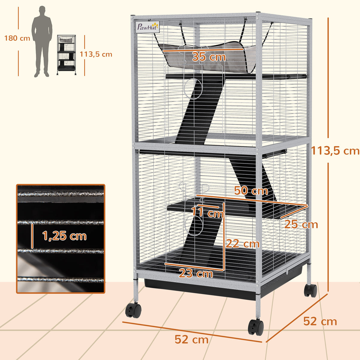 Cage pour Petits Animaux Portable à 4 Niveaux avec Roulettes, 2 Portes, 3 Rampes, Hamac et Plateau Amovible-2
