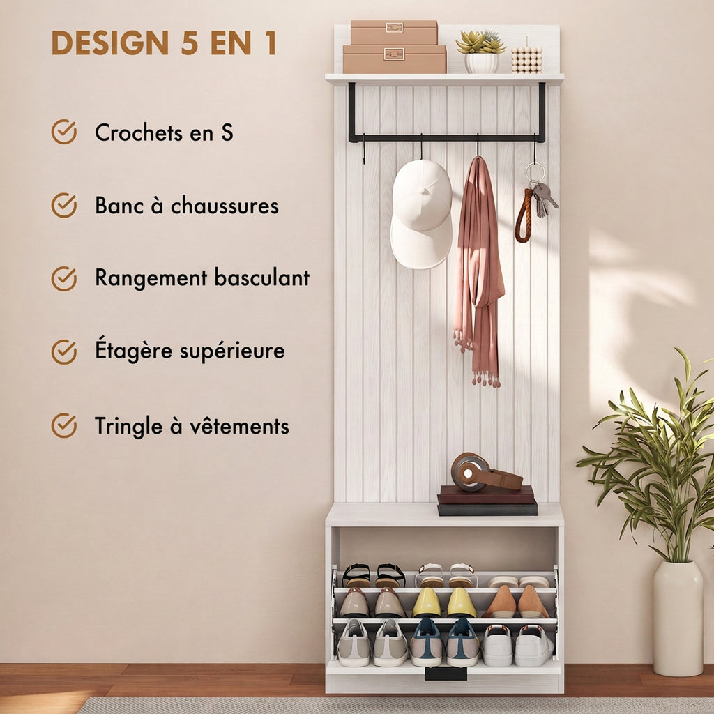 Porte-Manteau 5 en 1, Meuble d'Entrée, Banc à Chaussures, Tiroir Basculant, Étagères Réglables, 4 Crochets, Blanc-3