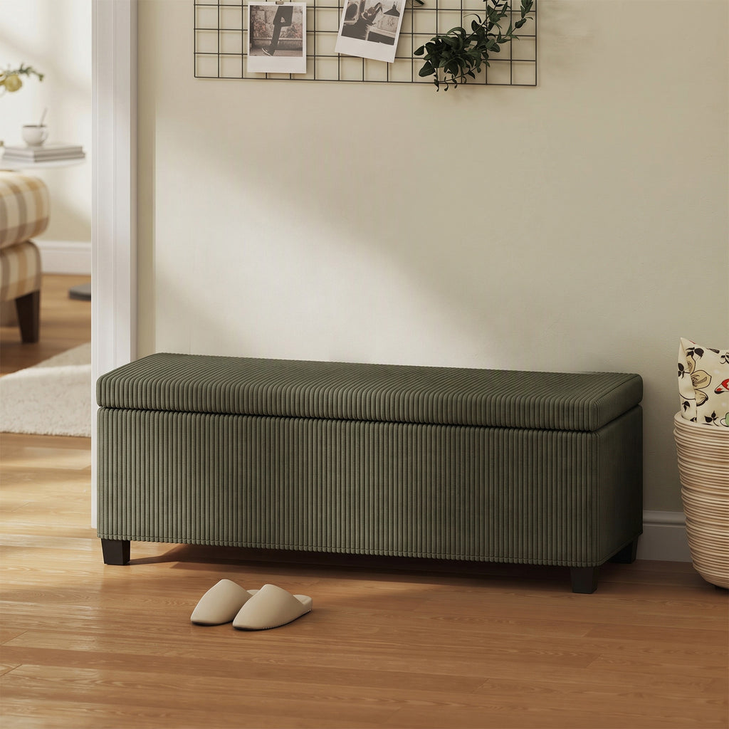 Banc de Rangement, Bout de Lit en Velours Côtelé avec Couvercle, pour Salon, Chambre, Entrée, 112x42x40 cm, Vert Clair-1