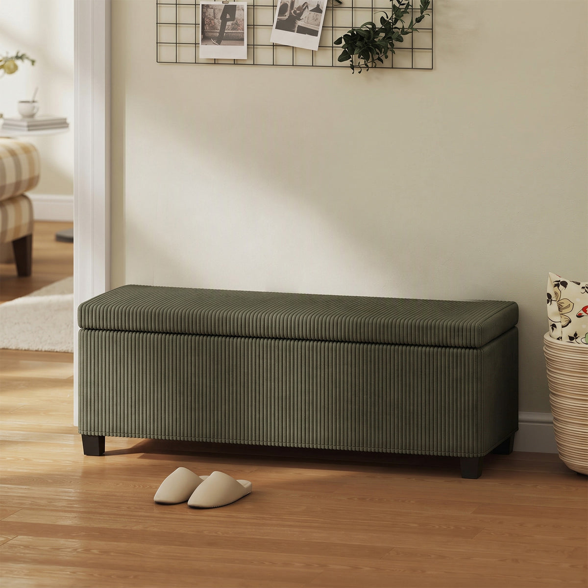 Banc de Rangement, Bout de Lit en Velours Côtelé avec Couvercle, pour Salon, Chambre, Entrée, 112x42x40 cm, Vert Clair-1