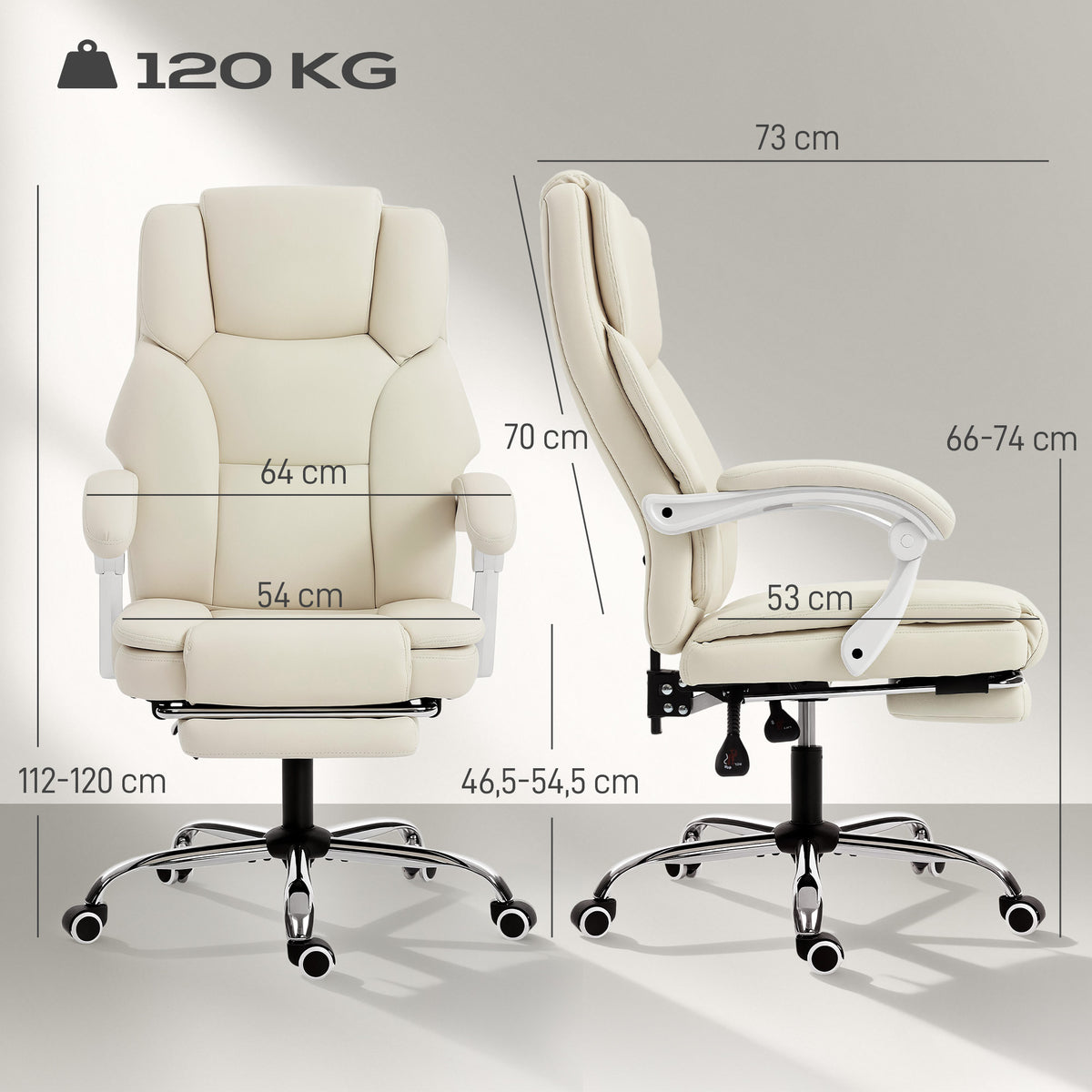 Chaise bureau ergonomique, fauteuil de bureau avec dossier inclinable, hauteur réglable, 64x73x112-120cm, beige-2