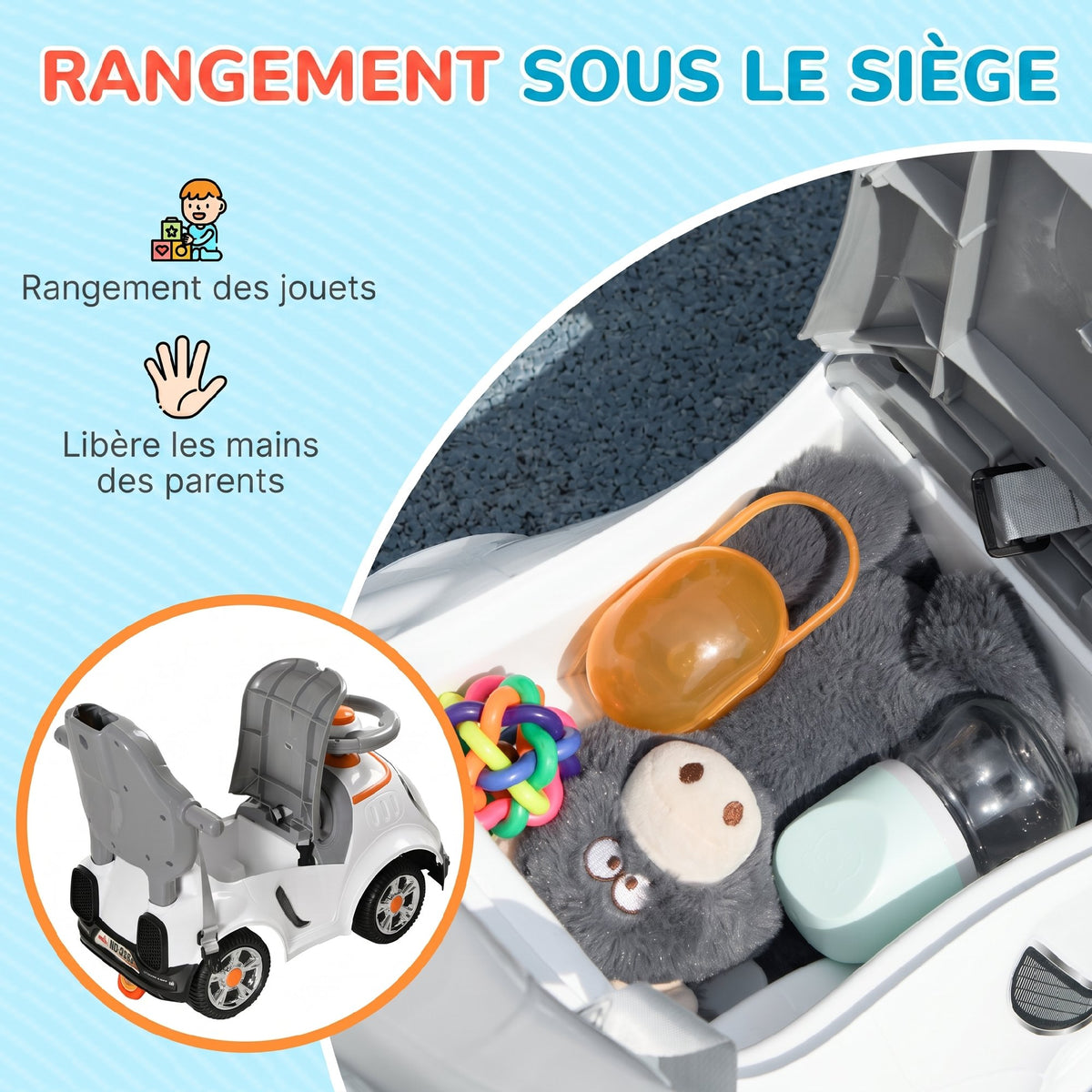 Porteur enfants, porteur bébé voiture à pousser 3 en 1 avec robot thème, pédales, poignée parentale, blanc-7