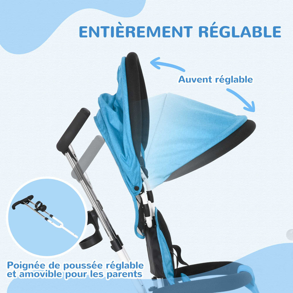 Tricycle 6 en 1 pour enfants, auvent, ceinture de sécurité 5 points, rangement, repose-pieds, frein, 1-5 ans, bleu-4