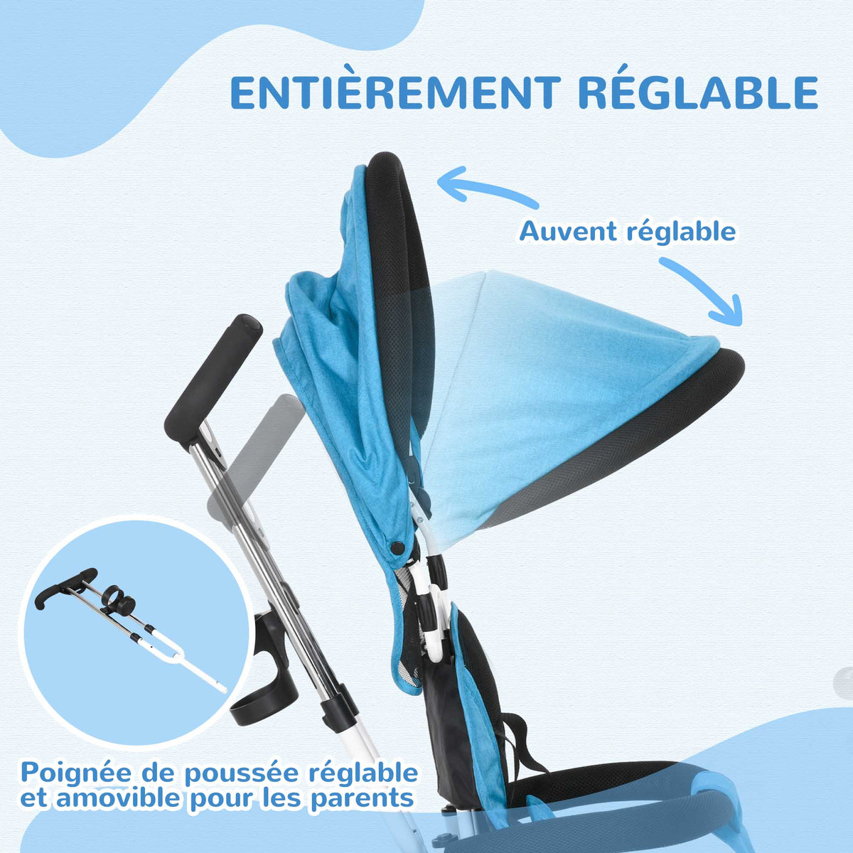 Tricycle 6 en 1 pour enfants, auvent, ceinture de sécurité 5 points, rangement, repose-pieds, frein, 1-5 ans, bleu-4