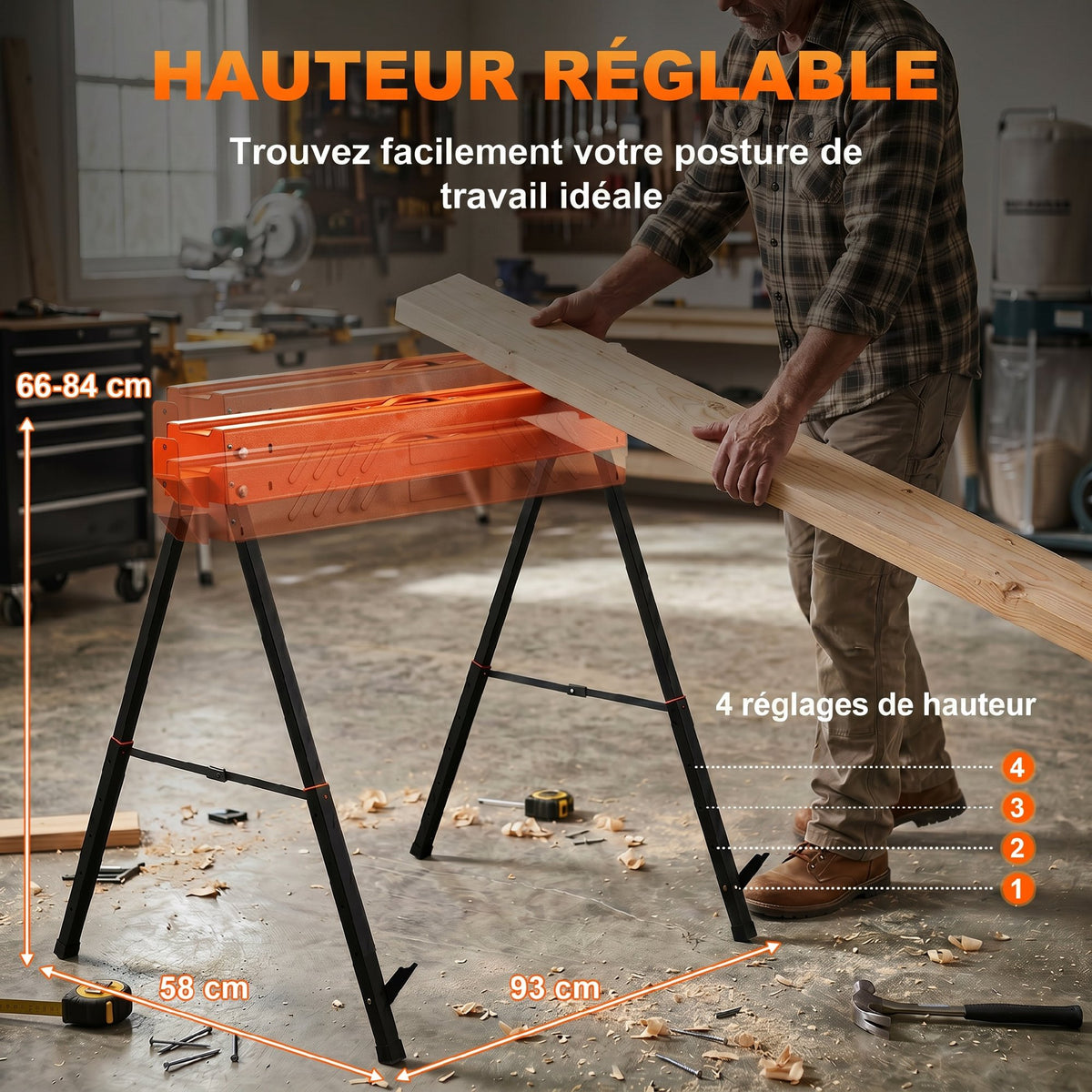 Lot de 2 Tréteaux Pliables en Métal, Charge Max. 500 kg, Tréteaux Portables, Hauteur Réglable 71-85,5cm, Orange-4