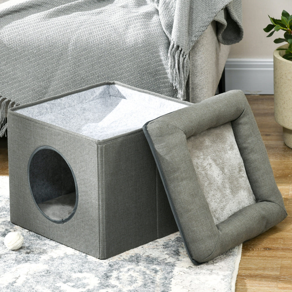Maison niche pour chat 2 niveaux avec coussin moelleux en peluche - 36,5 x 36,5 x 33 cm gris-8