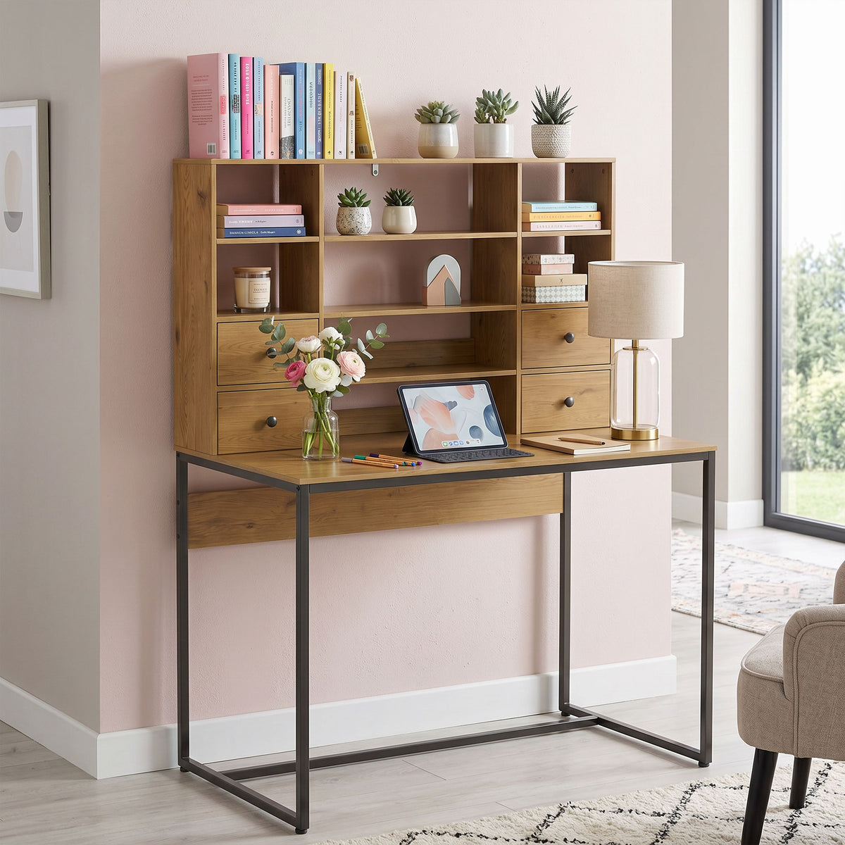 Bureau d'ordinateur avec 4 tiroirs, 105 x 60 cm, bureau avec rangement, étagères ouvertes, 105 x 60 cm, bois naturel-1
