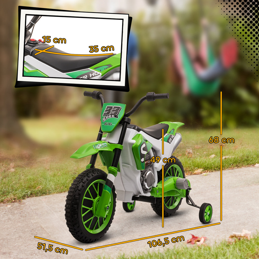 Moto Cross électrique pour Enfant 3 à 5 Ans 12 V 3-8 Km/h avec roulettes latérales Amovibles dim. 106,5L x 51,5l x 68H cm Vert-2