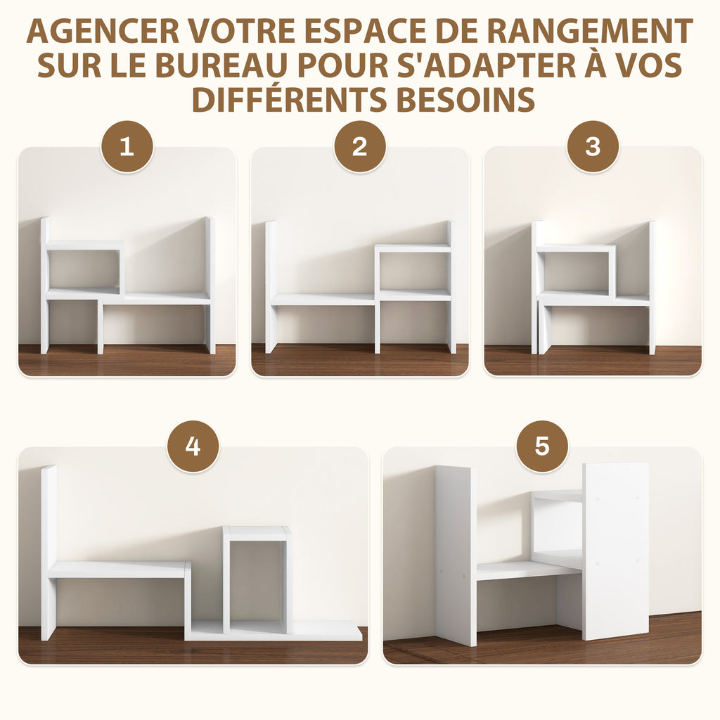 Étagère de bureau modulable, organisateur de bureau multifonctionnel, 2 pièces, MDF, blanc-3