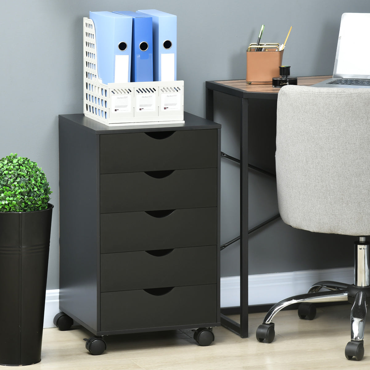 Caisson bureau mobile, meuble rangement bureau sur roulettes, 5 tiroirs, 40 x 40 x 67 cm, noir-1