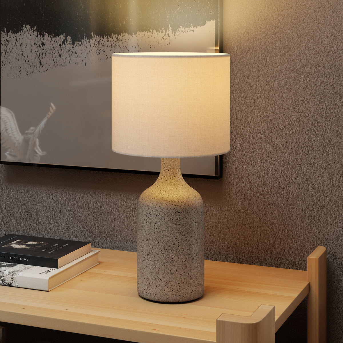 Lampe de Table avec Base en Céramique et Abat-Jour en Lin, Lampe de Chevet Rétro avec Culot E27, Blanc et Sable-7