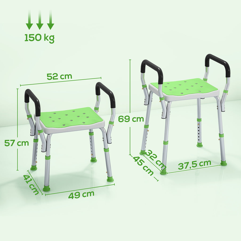 Tabouret de douche pour personnes âgées et handicapées avec accoudoirs, hauteur réglable, patins antidérapants, vert-2