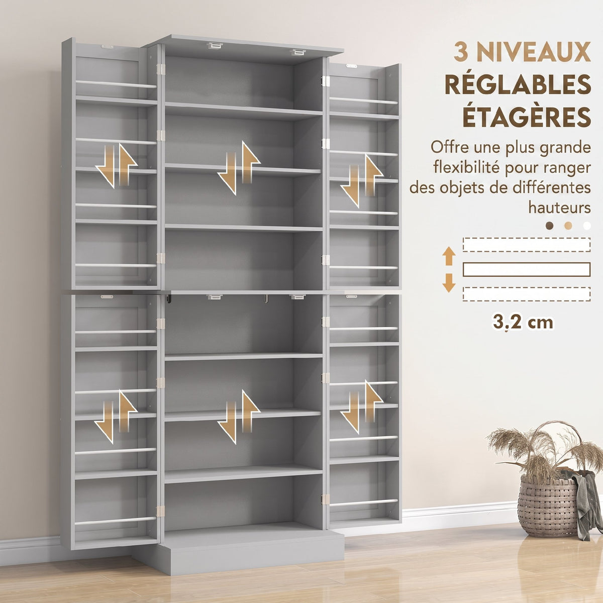 Armoire de cuisine buffet cuisine avec placards, étagère réglable et porte-épices, 60 x 35 x 166 cm, gris-4