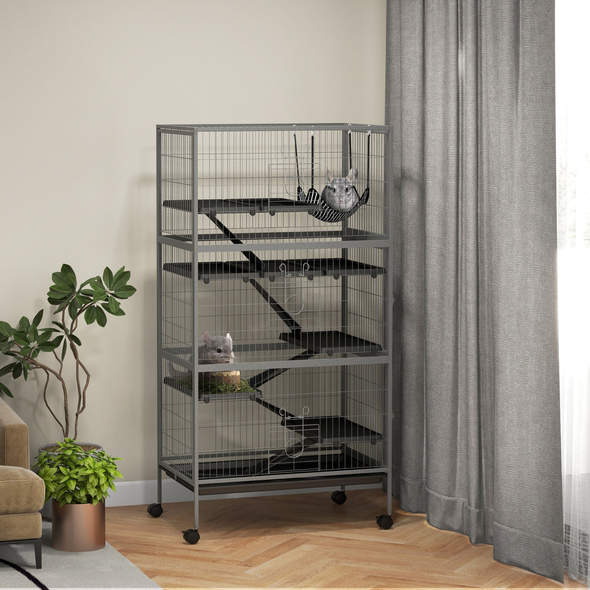 Cage pour rongeurs multifonction 4 plateformes 3 rampes 4 portes dim. 80L x 52l x 159H cm acier gris argenté noir-1