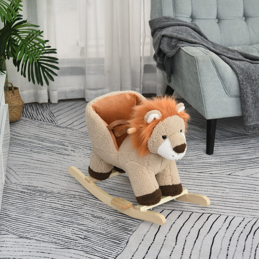 Cheval à Bascule modèle Lion Fonction Musicale Selle Grand Confort Peluche Courte Douce Pour Enfants 18-36 Mois Bois peuplier Marron dim. 68L x 35l x 50H cm-9