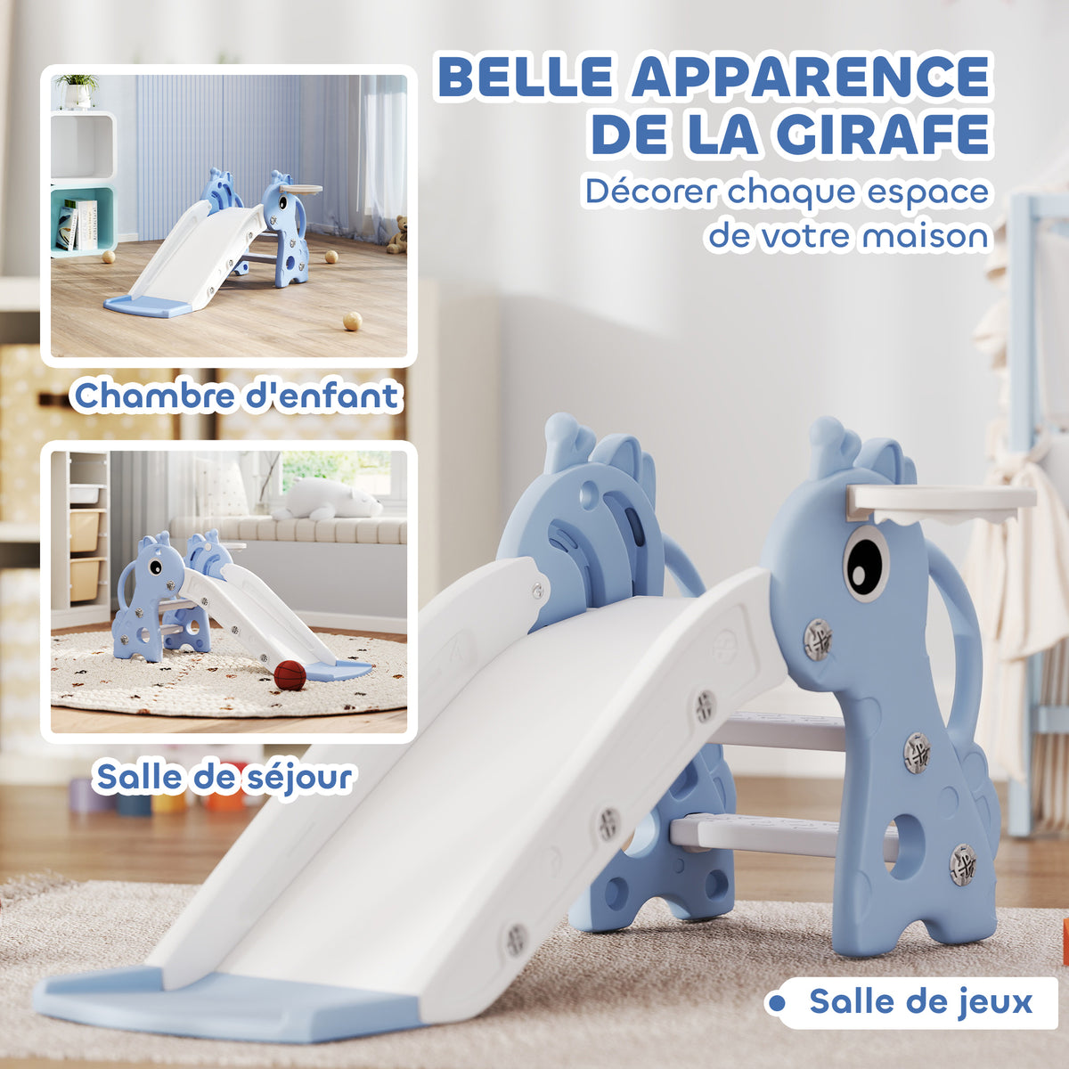 Toboggan pour enfants 3 en 1 en forme de girafe avec panier de basket, escalade et ballon, 106 x 51,5 x 52 cm, bleu-4