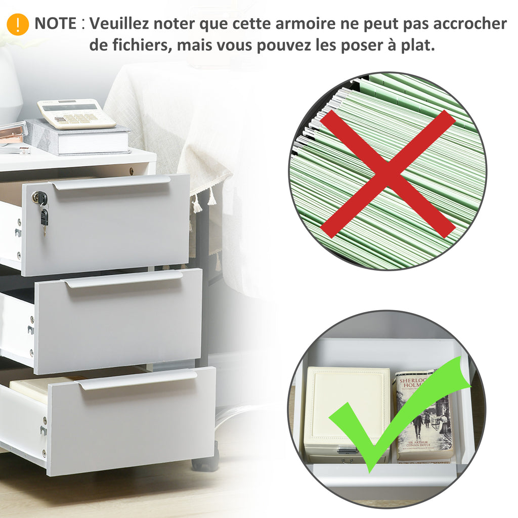 Caisson de bureau à roulettes avec 3 tiroirs et serrure pour dossiers 40 x 40 x 63,5 cm blanc et gris-8