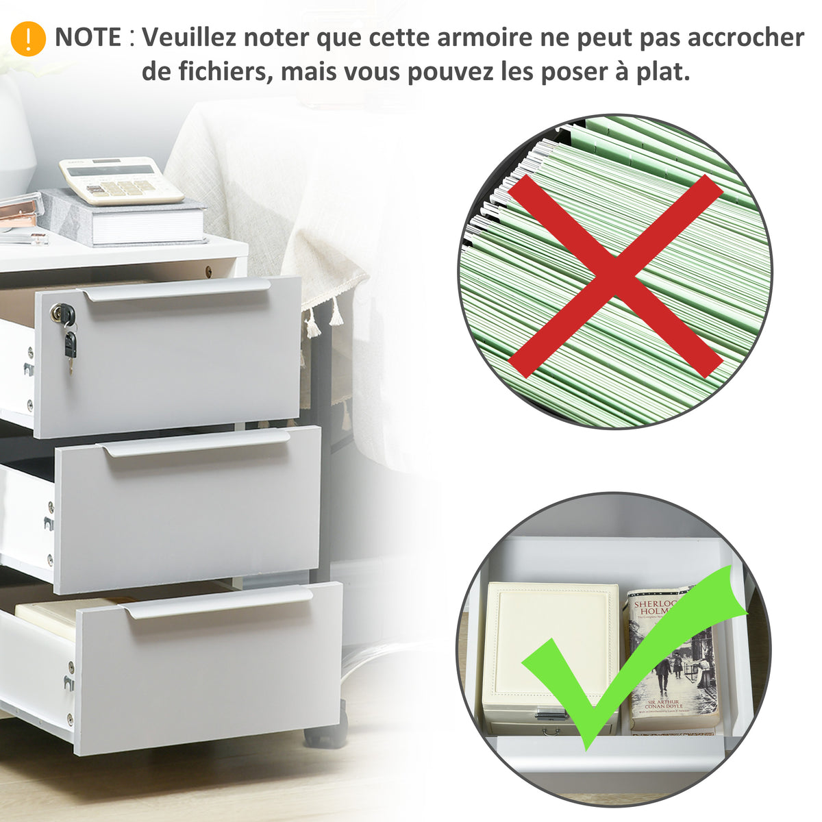 Caisson de bureau à roulettes avec 3 tiroirs et serrure pour dossiers 40 x 40 x 63,5 cm blanc et gris-8