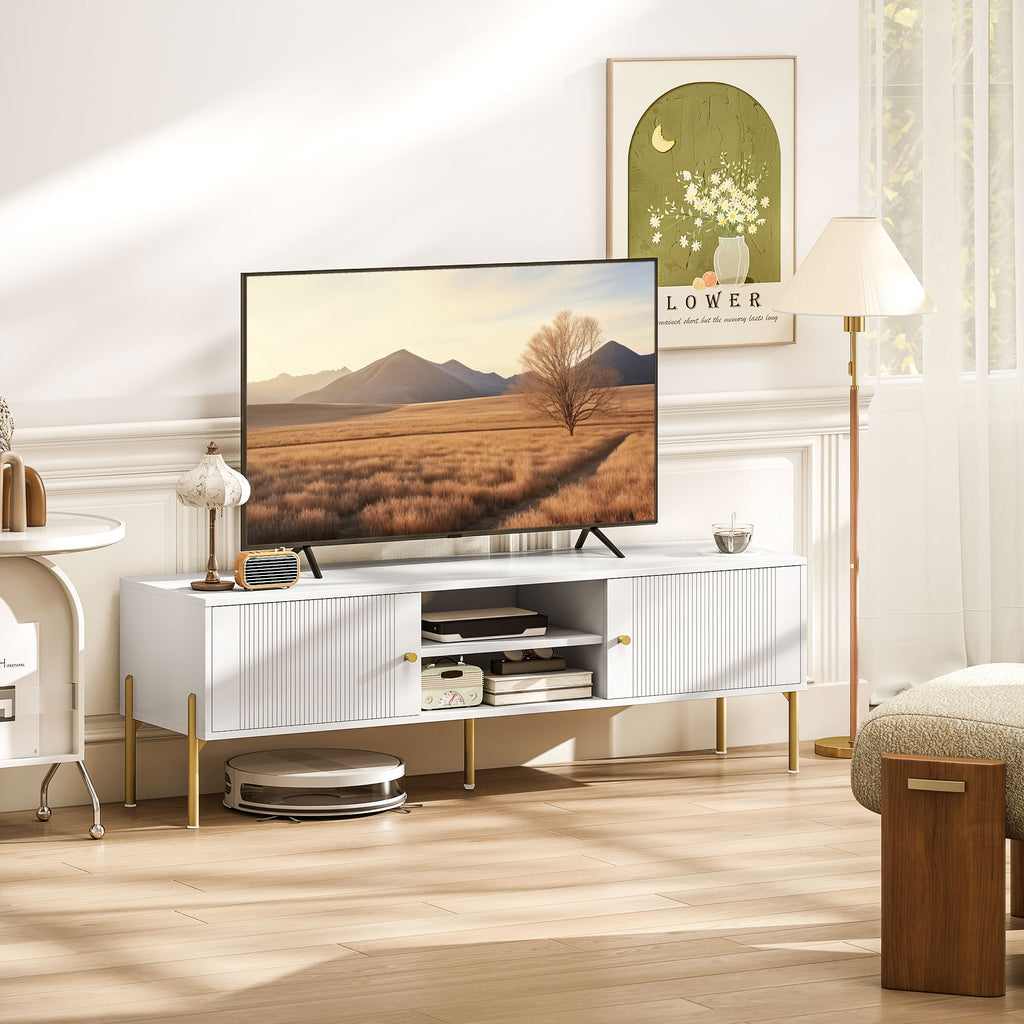 Meuble TV, meuble télé jusqu'à 65 pouces avec 2 portes, 2 compartiments ouverts, pieds en acier, 140x38x45,9cm, blanc-9