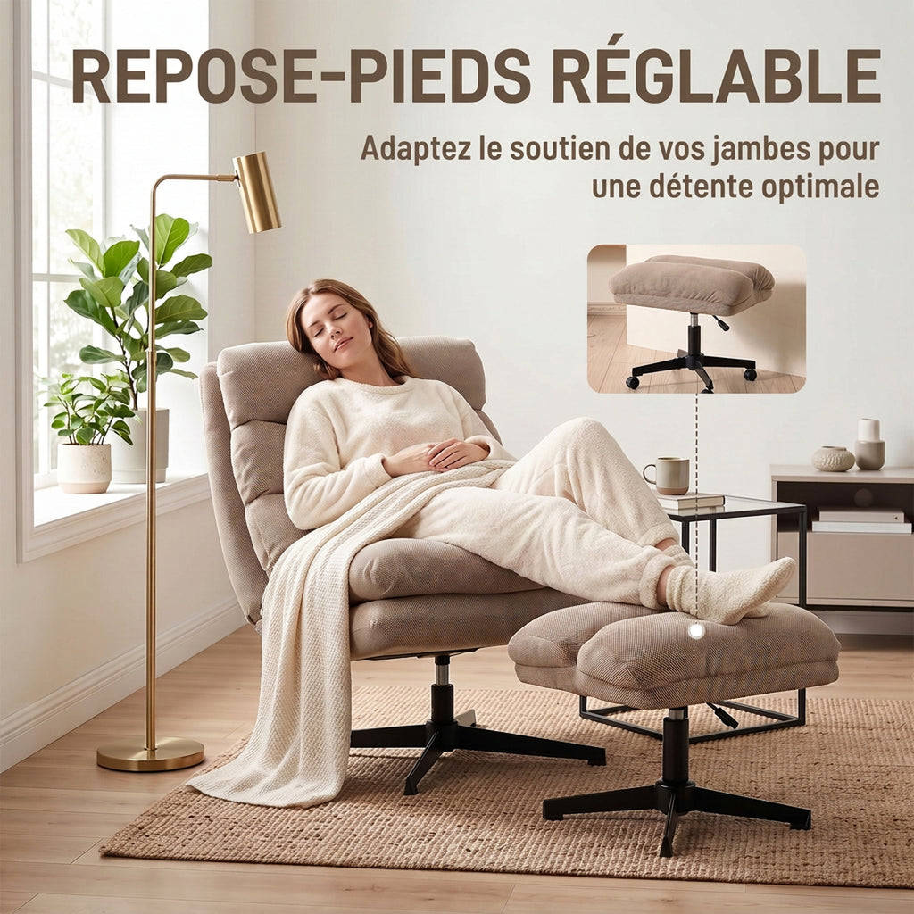 Fauteuil de Salon avec Repose-Pied Réglable, Rotation 360°, Fauteuil d'Appoint Capitonné en Lin, Assise Large, Marron-3