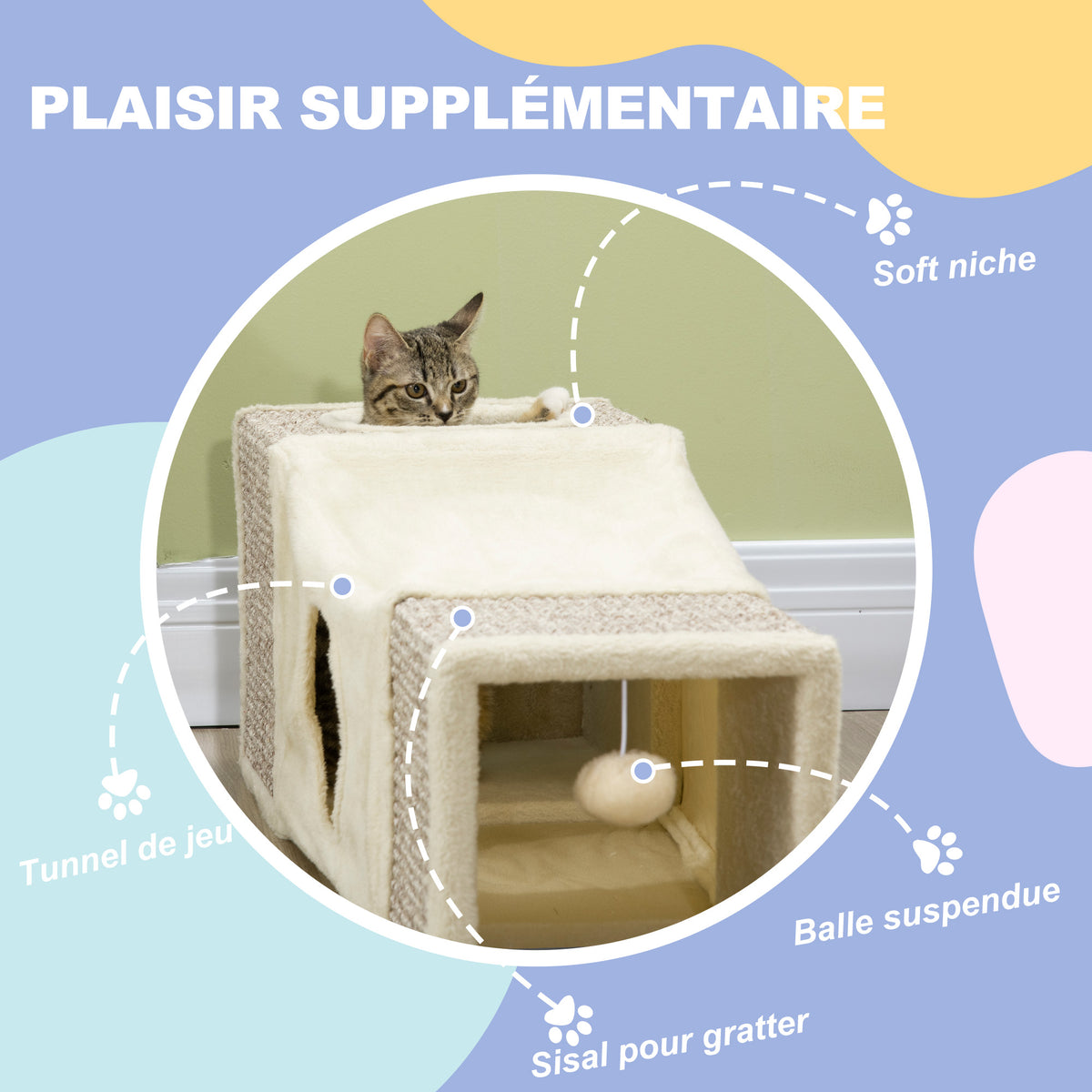 Tunnel pour chat intérieur jouets pour chats avec balle suspendue entrées multiples en sisal 98 x 30 x 30 cm crème-4