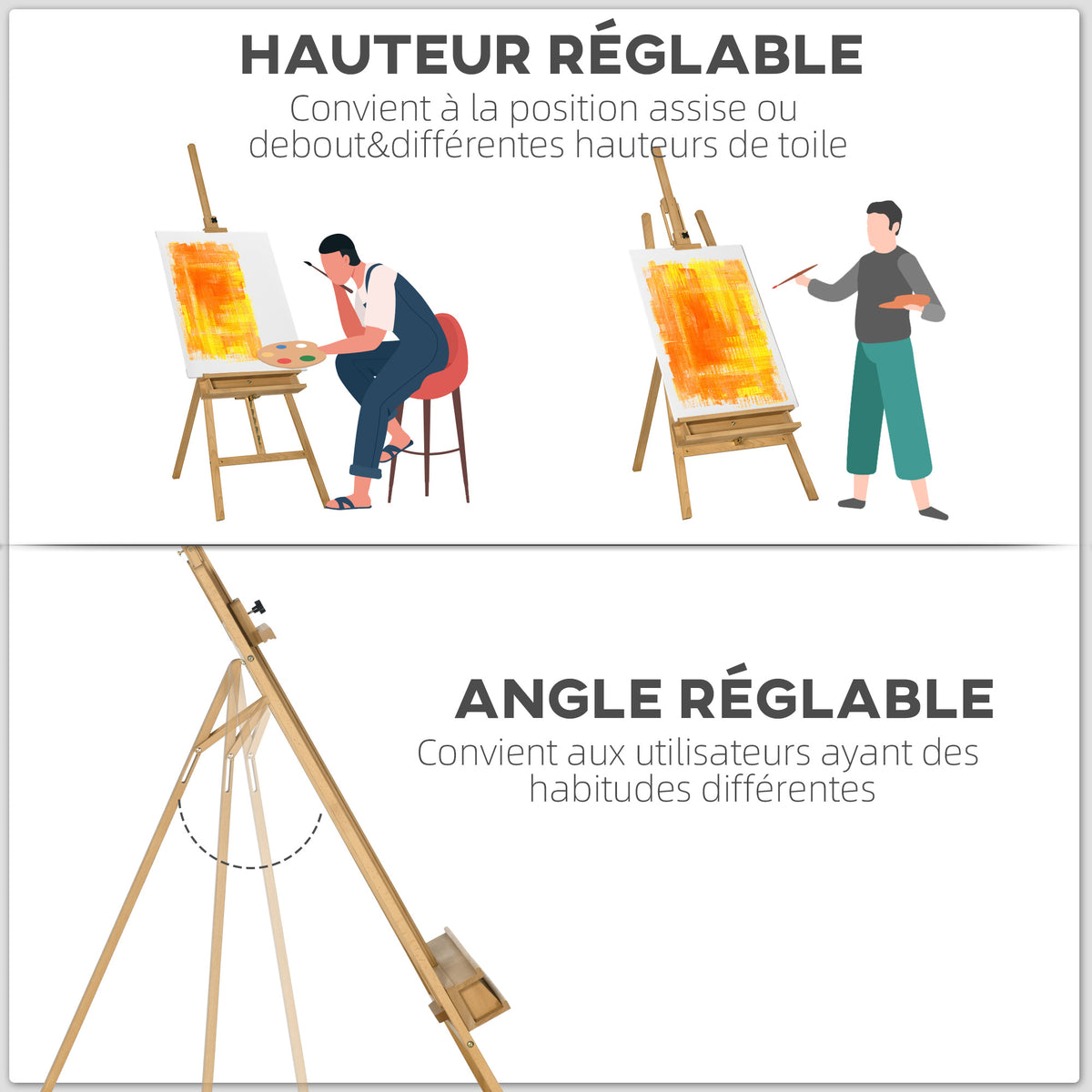 Chevalet de peinture pliant en hêtre avec hauteur et angle réglables, 65x110x180-235 cm, bois naturel-3