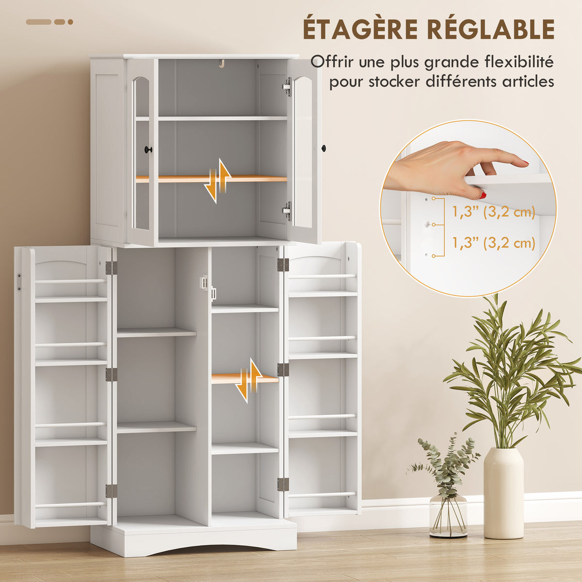 Buffet haut cuisine, vaisselier vitrine en acrylique, 4 portes, 10 compartiments, 8 porte-racks, 60 x 40 x 162 cm, blanc-4