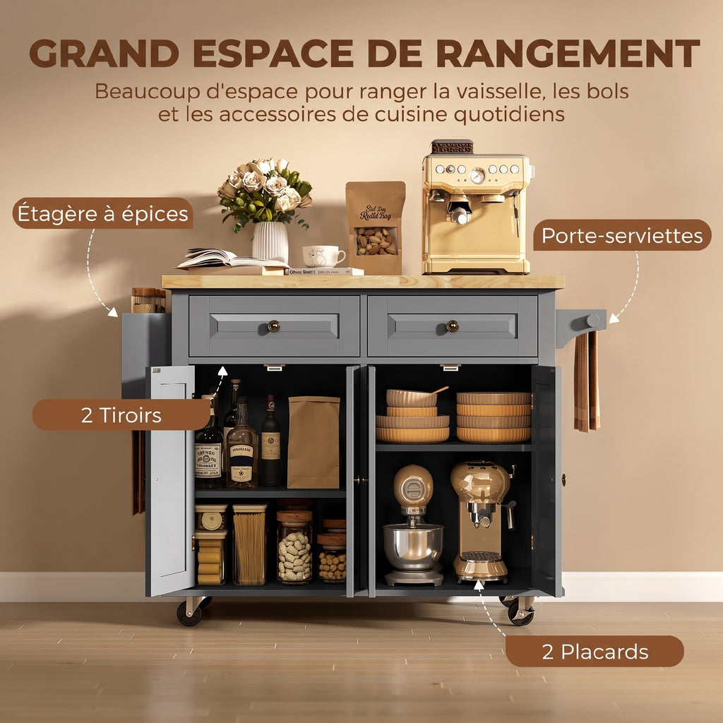 Îlot Central Cuisine avec Plateau en Hévéa, Desserte de Cuisine sur Roulettes avec 2 Tiroirs, 111 x 44,5 x 82,5 cm, Gris-5
