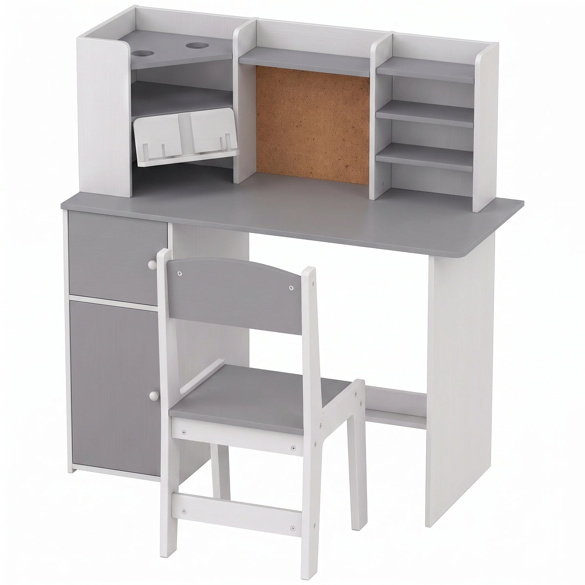 Bureau Enfant avec Chaise, Table d'Étude, Support de Tablette Réglable, Porte-Stylos, Panneau en Liège, 5-12 ans, Gris-0